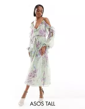 Зеленое платье миди с открытыми плечами и оборками ASOS DESIGN Tall