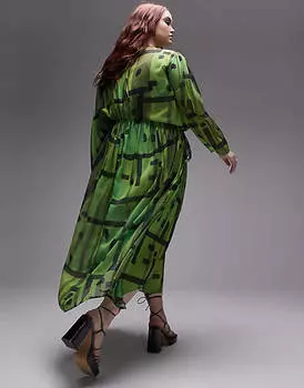 Зеленое платье миди с платочным подолом и присборенной талией Topshop Curve