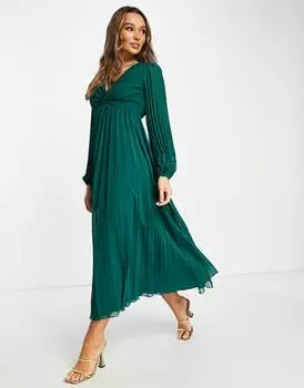Зеленое платье миди с плиссированным лифом и глубоким вырезом ASOS DESIGN