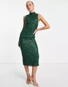 Зеленое платье миди с плиссированными пайетками и высоким воротником ASOS DESIGN