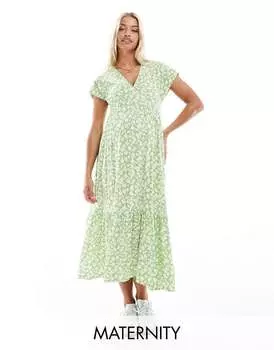 Зеленое платье миди с V-образным вырезом и цветочным принтом Mamalicious Maternity
