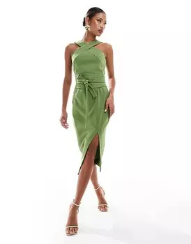 Зеленое платье миди с воротником-хомутом и поясом Lavish Alice