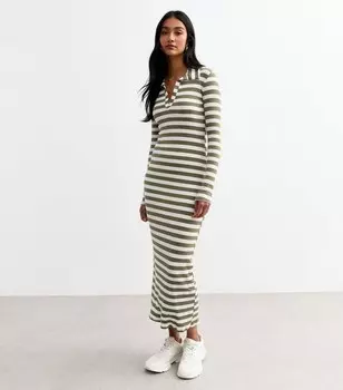 Зеленое платье-миди с воротником в рубчик и полоску New Look, зеленый