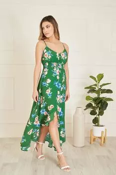 Зеленое платье миди с высокой и низкой оборкой с цветочным принтом Mela, зеленый