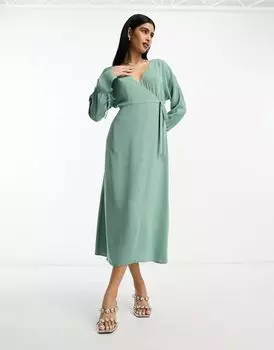 Зеленое платье миди с запахом и завязками на манжетах ASOS