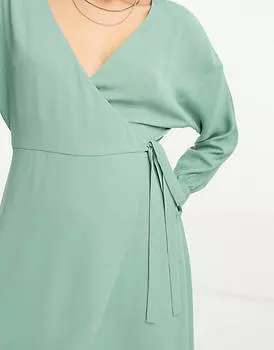 Зеленое платье миди с запахом и манжетами ASOS DESIGN