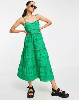 Зеленое платье миди с защипами и защипами на бретельках Topshop Petite