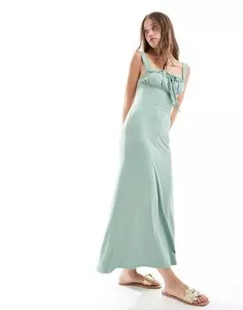 Зеленое платье миди со сборками и завязками спереди ASOS DESIGN