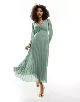 Зеленое платье миди со складками и глубоким вырезом ASOS DESIGN