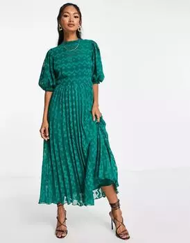 Зеленое платье миди со складками, шевроном и пышными рукавами ASOS
