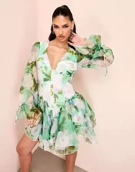 Зеленое платье мини из органзы с чашечками ASOS