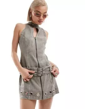 Зеленое платье мини из твила с люверсами COLLUSION