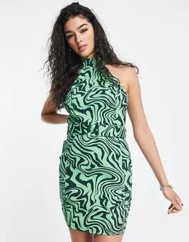 Зеленое платье мини из твила с высоким воротником и поясом ASOS DESIGN