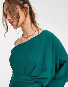 Зеленое платье мини на одно плечо с завязками ASOS DESIGN