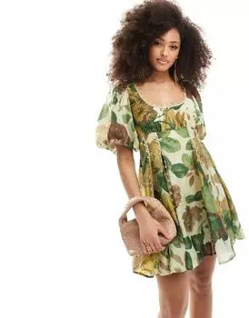 Зеленое платье мини с квадратным вырезом и пышными рукавами ASOS DESIGN с кружевными вставками и цветочным принтом