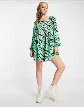 Зеленое платье мини с квадратным вырезом и пышными рукавами