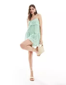 Зеленое платье мини с многоярусной оборкой и бретелями ASOS DESIGN