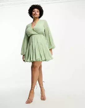 Зеленое платье мини с объемными рукавами и завязками на талии ASOS DESIGN Curve