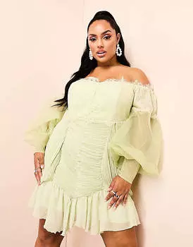 Зеленое платье мини с прозрачными рукавами и пышными рукавами ASOS LUXE Curve