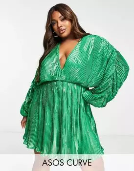 Зеленое платье мини с украшением и рукавами-блузонами ASOS DESIGN Curve