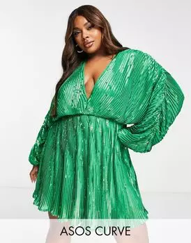 Зеленое платье мини с украшением и рукавами-блузками ASOS DESIGN Curve