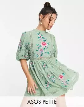 Зеленое платье мини с высоким воротником и кружевной отделкой ASOS DESIGN Petite