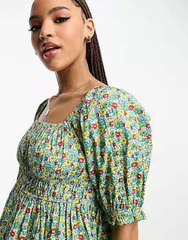 Зеленое платье мини со сборками и пышными рукавами и цветочным принтом Wednesday's Girl