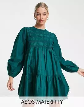 Зеленое платье мини со сборками из хлопка ASOS DESIGN Maternity Maternity