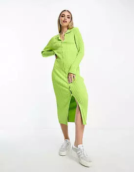 Зеленое платье-поло в рубчик Monki