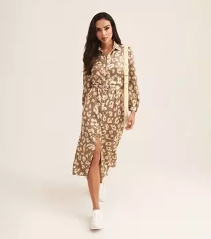 Зеленое платье-рубашка миди с поясом Gini London с животным принтом Gini London, зеленый