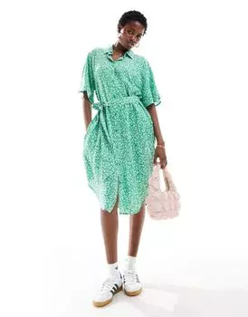 Зеленое платье-рубашка миди с завязкой на талии Monki, эксклюзивно для ASOS