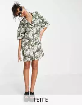 Зеленое платье-рубашка мини Topshop Petite из смесовой вискозы с цветочным принтом гибискуса - MGREEN