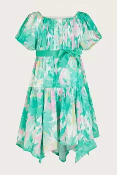 Зеленое платье с пальмовым принтом и асимметричным подолом Monsoon, зеленый