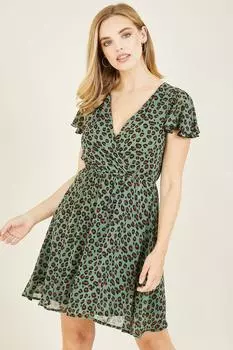 Зеленое платье с плиссированной юбкой и запахом с животным принтом Mela, зеленый