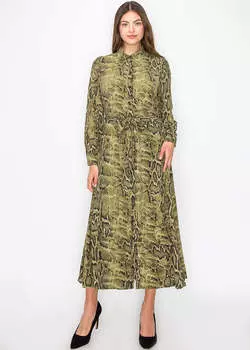 Зеленое платье со змеиным принтом на пуговицах Yal New York