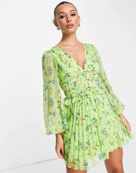 Зеленое плиссированное мини-платье на пуговицах с цветочным принтом ASOS DESIGN ASOS DESIGN