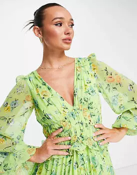 Зеленое плиссированное мини-платье с пуговицами и присборенной талией ASOS DESIGN