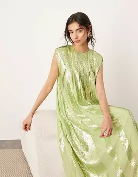 Зеленое плиссированное платье макси с пайетками ASOS EDITION