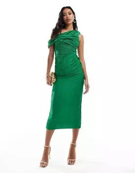 Зеленое плиссированное платье миди с приспущенными плечами ASOS DESIGN