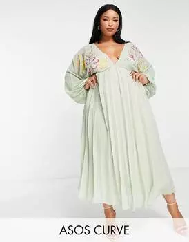 Зеленое плиссированное платье миди с вышивкой ASOS DESIGN Curve с v-образным вырезом спереди и вышивкой ASOS DESIGN