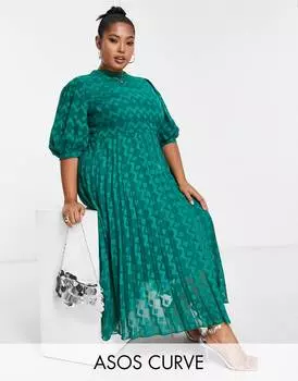 Зеленое плиссированное платье миди с высоким воротником и пышными рукавами ASOS DESIGN Curve