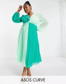 Зеленое плиссированное платье миди в стиле колор-блок ASOS DESIGN Curve