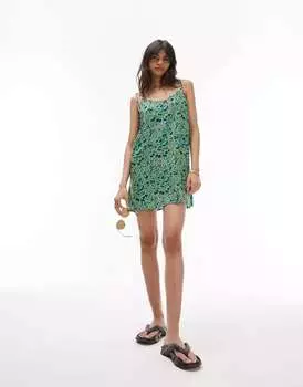 Зеленое пляжное мини-платье Topshop с цветочным принтом