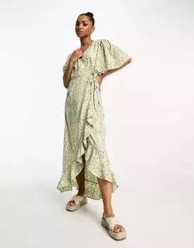 Зеленое повседневное платье макси с запахом и цветочным принтом Vero Moda