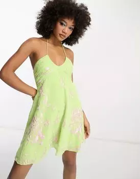 Зеленое шифоновое платье мини со сборками на груди ASOS