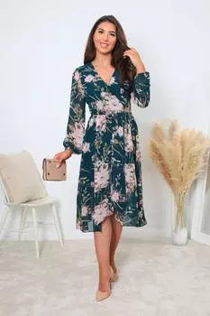 Зеленое шифоновое платье с фиксированным запахом и принтом спереди DOUBLE SECOND, зеленый