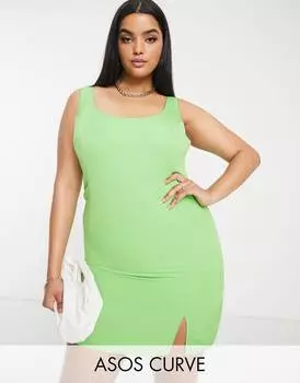 Зеленое структурированное мини-платье с круглым вырезом и разрезом ASOS DESIGN Curve