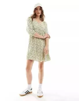 Зеленое свободное платье мини с V-образным вырезом и цветочным принтом JDY