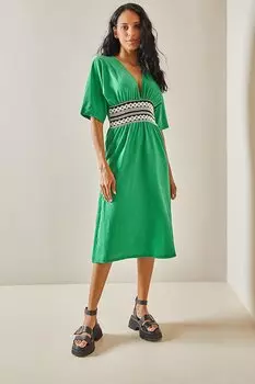 Зеленое текстурированное платье с поясом 3YXK6-47403-08 XHAN