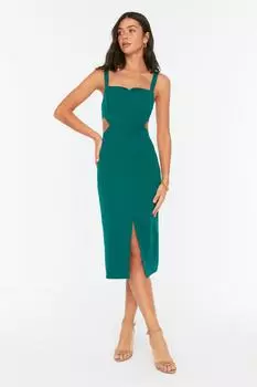 Зеленое тканое платье с разрезом и вырезами Trendyol, зеленый